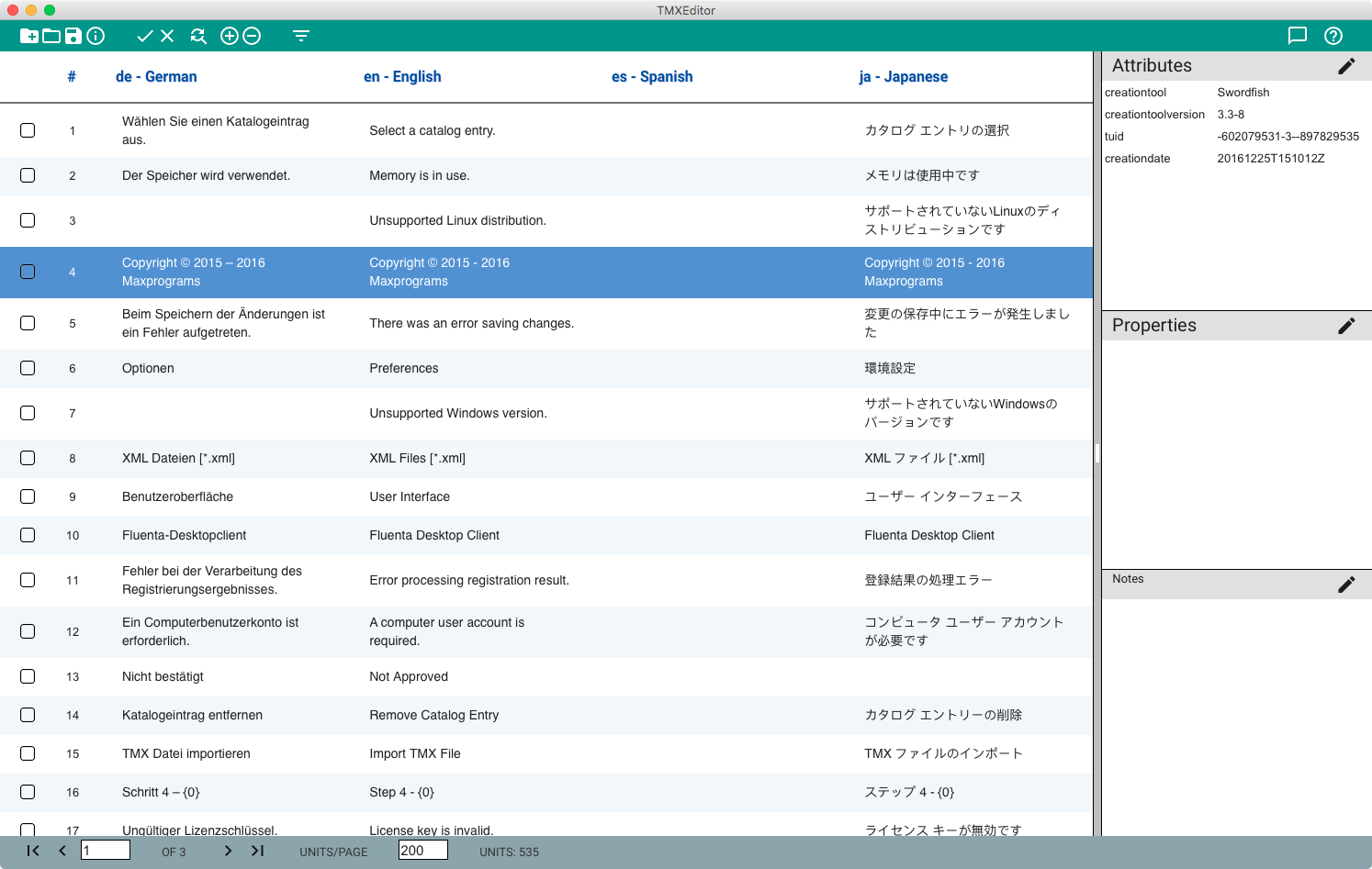 Multilingual file opened in a TMX editor